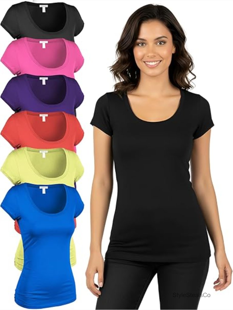 Scoop Neck Cotton Spandex T-Shirt Slim Fit Short Sleeve Top